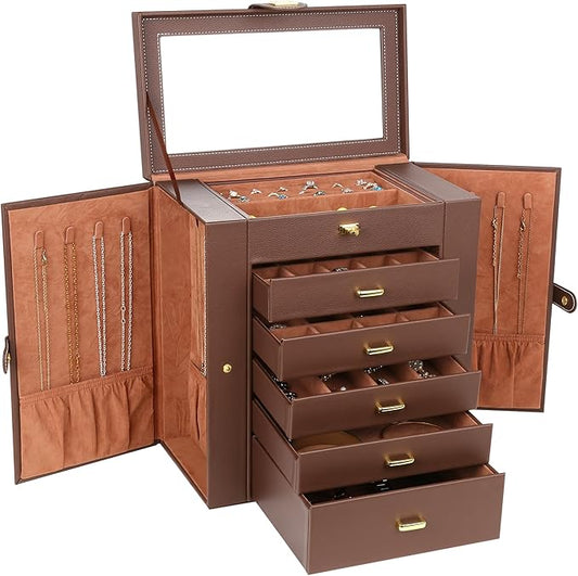 Kendal Extra Large Jewelry Box Jewelry Case PU Leather 6 Tier 5 Drawers Large Storage Capacity with Mirror Jewelry Storage Organizer Great Gift Also Good For Watches LJC-SHD5BN (Brown)-BubblyBeeBaby