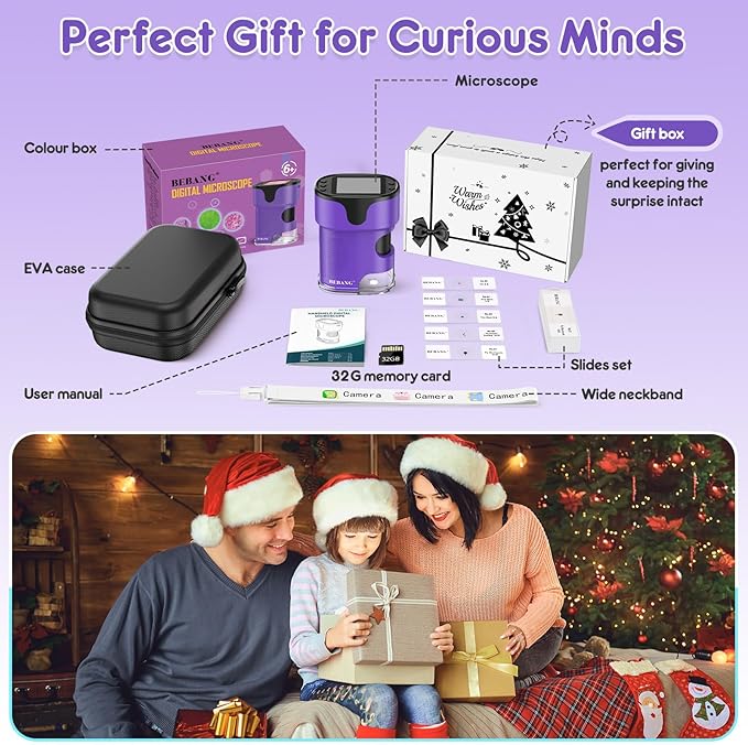 1000X Handheld Microscope for Kids 4K 2.0" Screen Rechargeable Mini Pocket Digital Microscopes w/Slides Kit Portable Edu Gift Age 4-6 8-12 Children Students (Purple)-BubblyBeeBaby