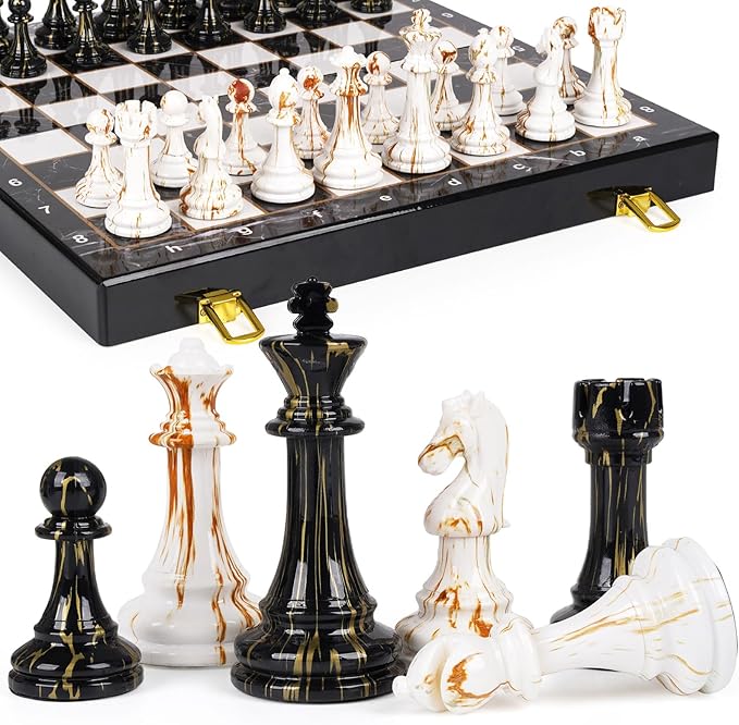 15" Large Chess Set for Adults with Weighted Acrylic Chess Pieces 3.5" King & Portable Folding Marbling Wooden Chess Board Travel Chess Sets Family Board Game Gift – Elegant Classic Chess Game-BubblyBeeBaby