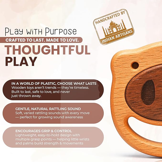 100% Wooden Baby Toy | No Paint, No Plastic | Eco-Friendly Rattle for 0–6 Months-BubblyBeeBaby