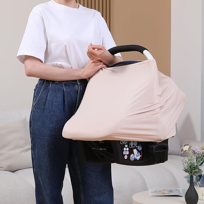 Breathable Car Seat Cover for Babies – Multi-Purpose Soft Rayon Nursing Cover for Breastfeeding, High Stretchy Infant Carseat Canopy, Stroller Cover (Smooth Rayon, Warm Natural)-BubblyBeeBaby
