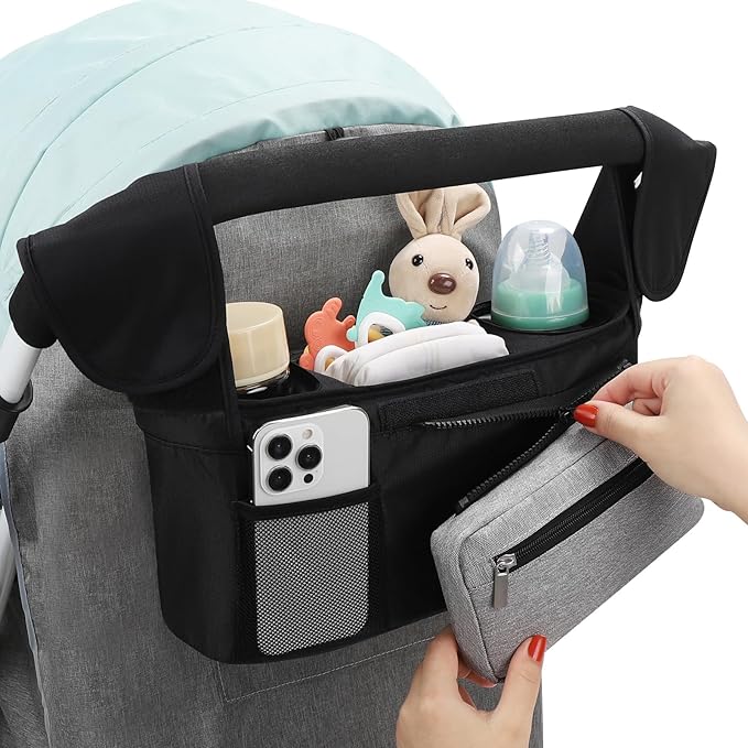 Accmor Universal Stroller Organizer with Insulated Cup Holder Detachable Phone Bag and Shoulder Strap,Stroller Bag Caddy Organizer Fits for Uppababy, Baby Jogger, Britax Strollers-BubblyBeeBaby