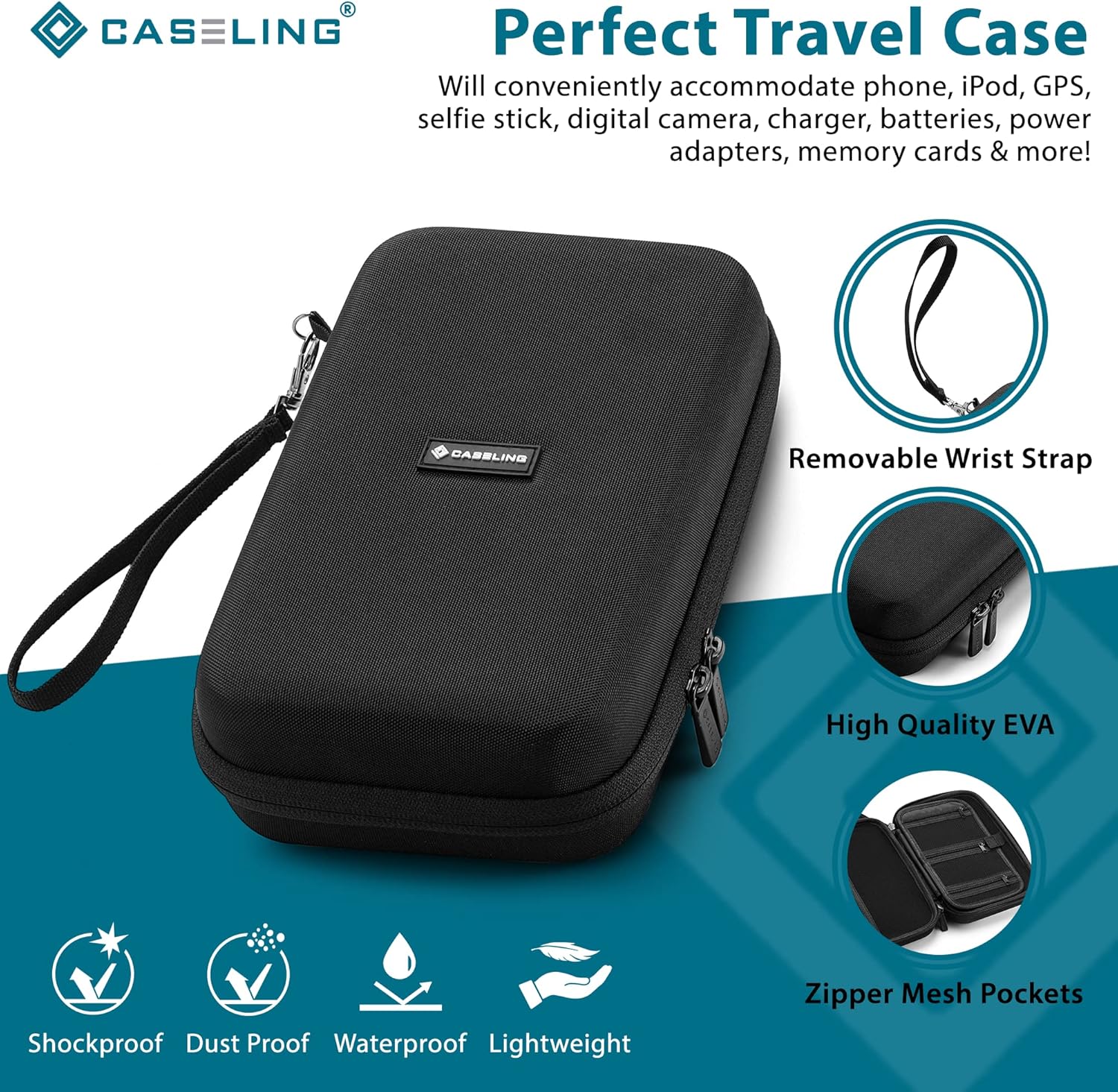 Caseling Hard Case - 9.8” x 5.6”x 2.8” - for Universal Electronics/Accessories EVA Protection Hard Travel Organizer Carrying Bag - Black