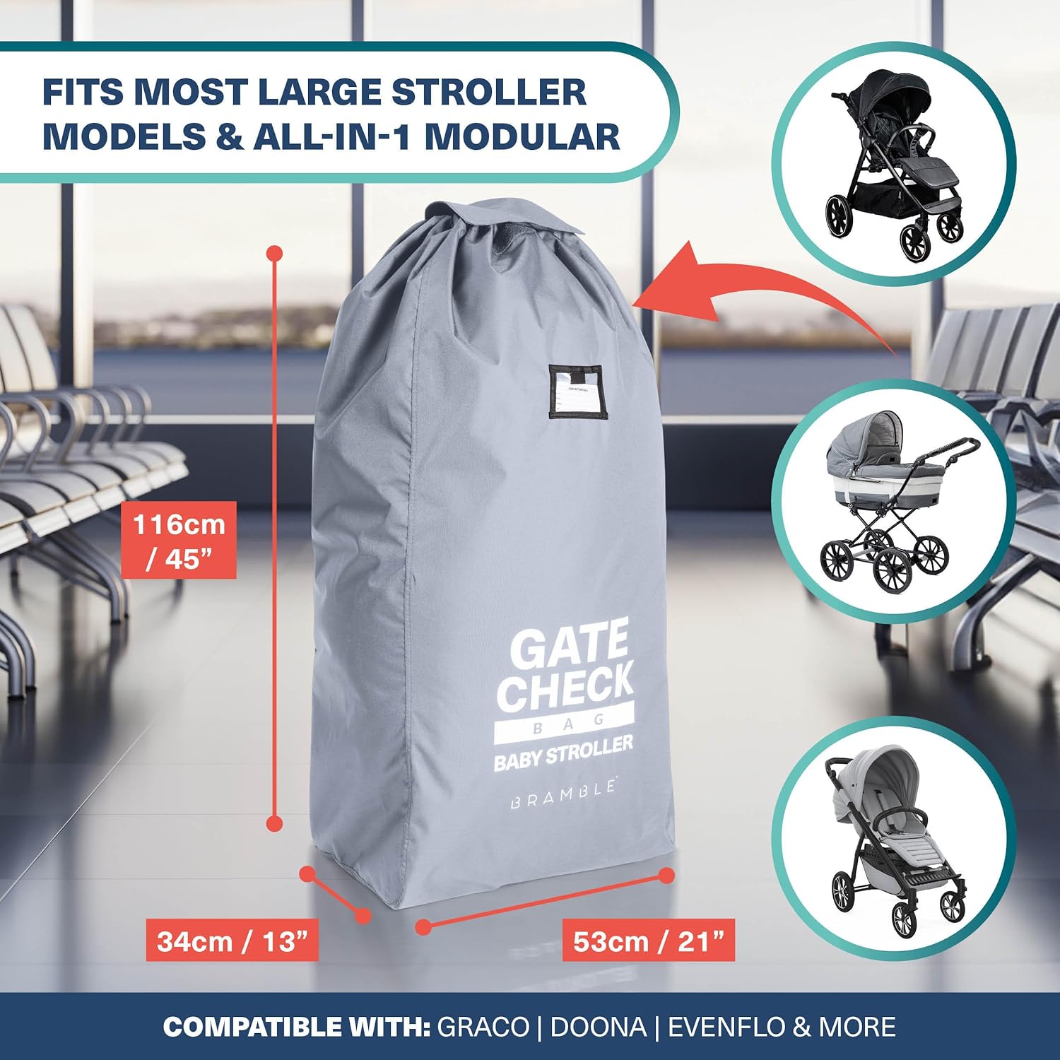 Bramble 45" Large Gate Check Stroller Bag for Airplane - Universal Fit, Drawstring Closure, ID, Padded Adjustable Strap - Baby Buggy Stroller Travel Bag for Airplane Travel