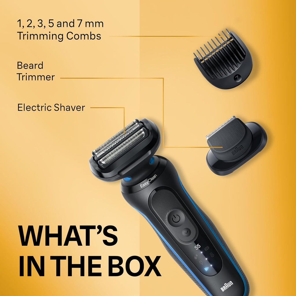 Braun Electric Shaver for Men, Series 5 5120s, Wet & Dry Shave, Turbo Shaving Mode, Foil Shaver, Engineered in Germany, with Beard Trimmer & Attachments, Blue