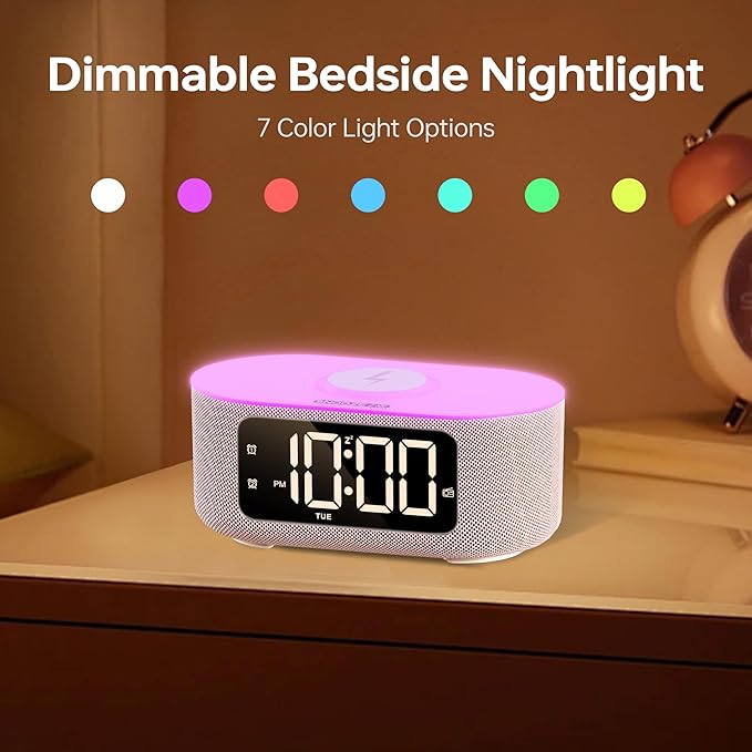 JALL Fabric Alarm Clock for Bedroom, with Big Led Screen Display, Bluetooth Stereo Sound Speaker, FM Radio, Fast Wireless Charging, USB Charging Port, Nightlight, White Noise, Ideal for Gift, Pink-BubblyBeeBaby