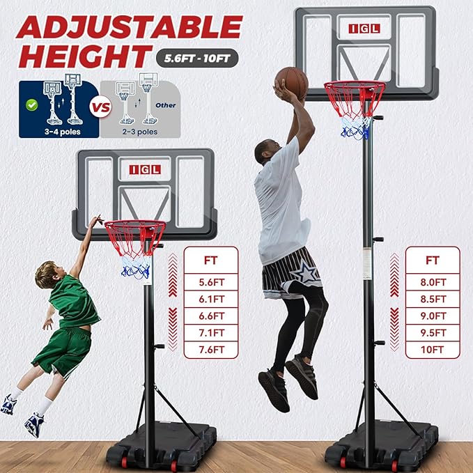 IGL Portable Basketball Hoop, 5.6-10FT Adjustable Basketball Goal System, 44 Inch Outdoor Basketball Hoop & Goals for Kids, Youth, and Adults in The Backyard, Driveway with PC Backboard-BubblyBeeBaby