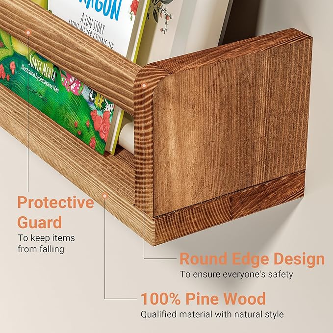 Heimlove 24 Inch Nursery Floating Shelves, Nursery Book Shelves for Wall, Wall Bookshelf for Kids Solid Wood Wall Mounted Shelves for Books,Toys and Decor Storage, Set of 2-BubblyBeeBaby