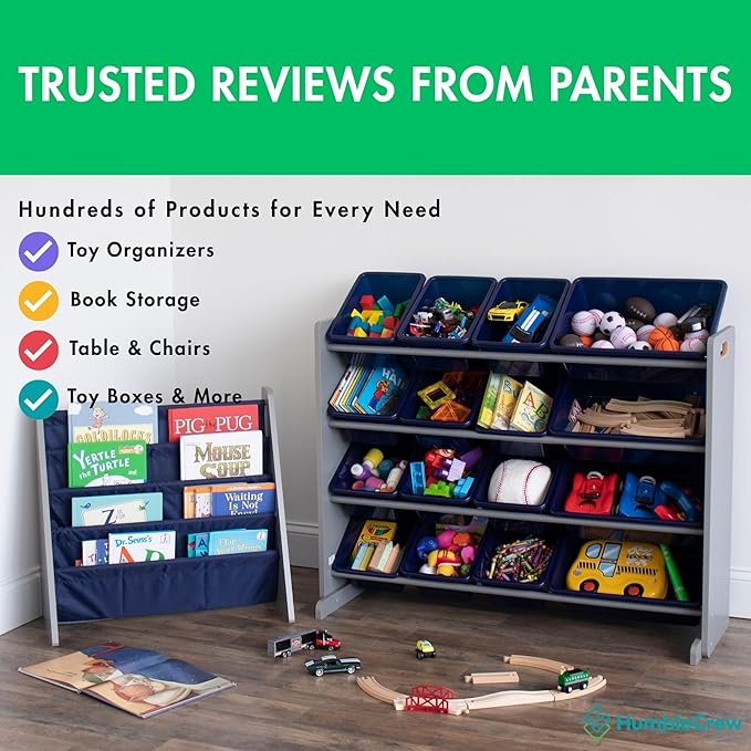Humble Crew Supersized Toy Storage Organizer with 16 Removable Bins, Grey/Navy – Large Toy Storage for Toddlers Ideal for Kids' Rooms, Playrooms, and Nurseries - Modern Toy Bins for Kids-BubblyBeeBaby