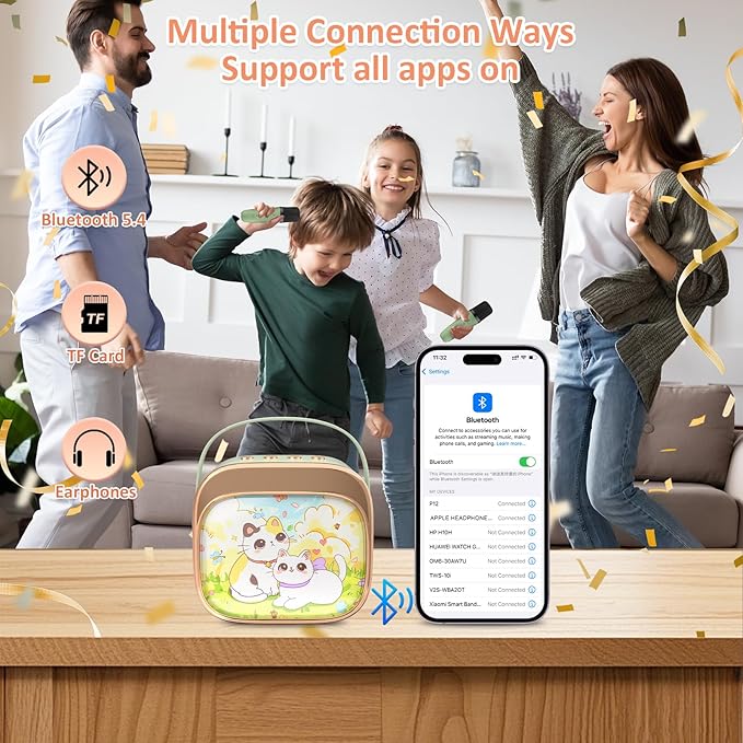 J&D Mini Karaoke Machine for Kids Adults, Portable Bluetooth Speaker with 2 Wireless Mics and Cat Sticker for Girls Boys Age 3–10 Birthday Gifts Princess Toys, Colorful LED, Green-BubblyBeeBaby