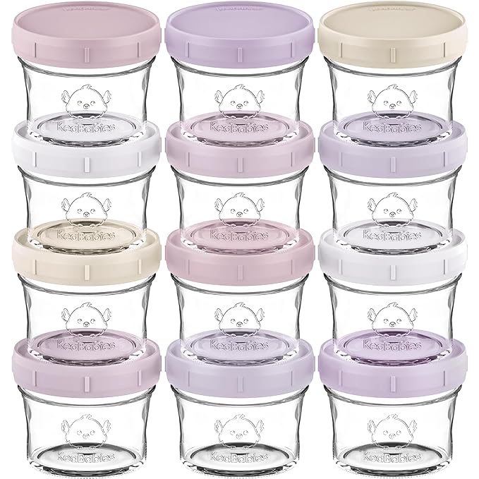 KeaBabies 12pk 4oz Glass Baby Food Containers with Lids - Leak-Proof, Microwavable Small Glass Jars, Baby Purees & Toddler Snack Storage Containers, BPA-Free, Dishwasher & Freezer Safe (Lilac)-BubblyBeeBaby