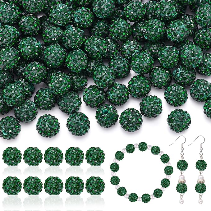 200pcs 10mm Rhinestone Beads for Jewelry Making, Dark Green Shiny Round Disco Ball Beads Bulk, Sparkle Crystal Clay Christmas for Bracelet Baseball Necklace Earring Crafting and DIY-BubblyBeeBaby