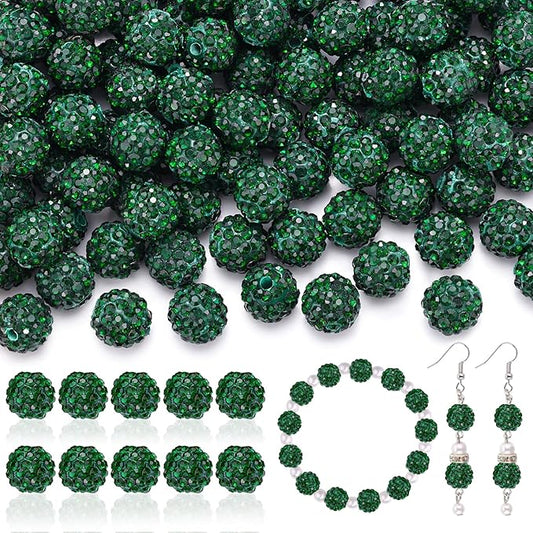 160pcs 10mm Rhinestone Beads for Jewelry Making, Dark Green Shiny Round Disco Ball Beads Bulk, Sparkle Crystal Clay Christmas for Bracelet Baseball Necklace Earring Crafting and DIY-BubblyBeeBaby
