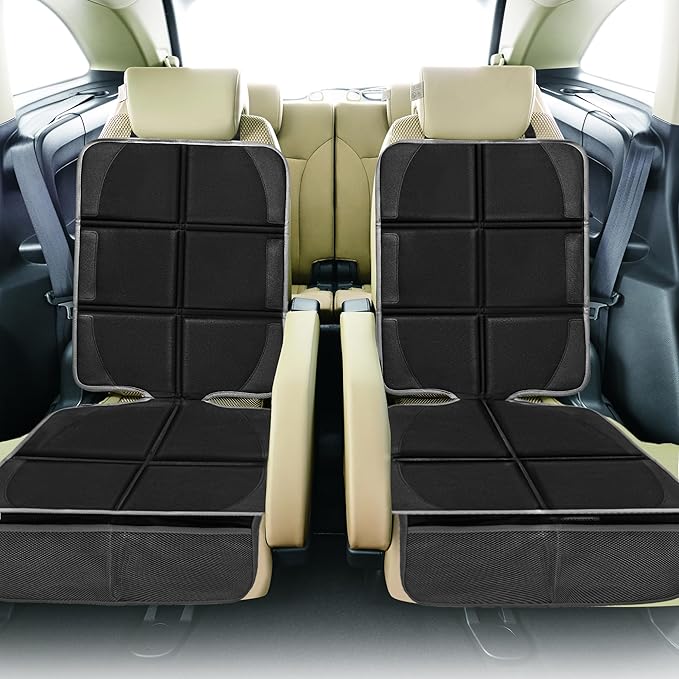 Car Seat Protector 2 Pack Baby Car Seat Covers with Mesh Pockets & Non-Slip Backing 600D Durable Seat Protector Under Baby Car Seat (Black & Gray, Large)-BubblyBeeBaby
