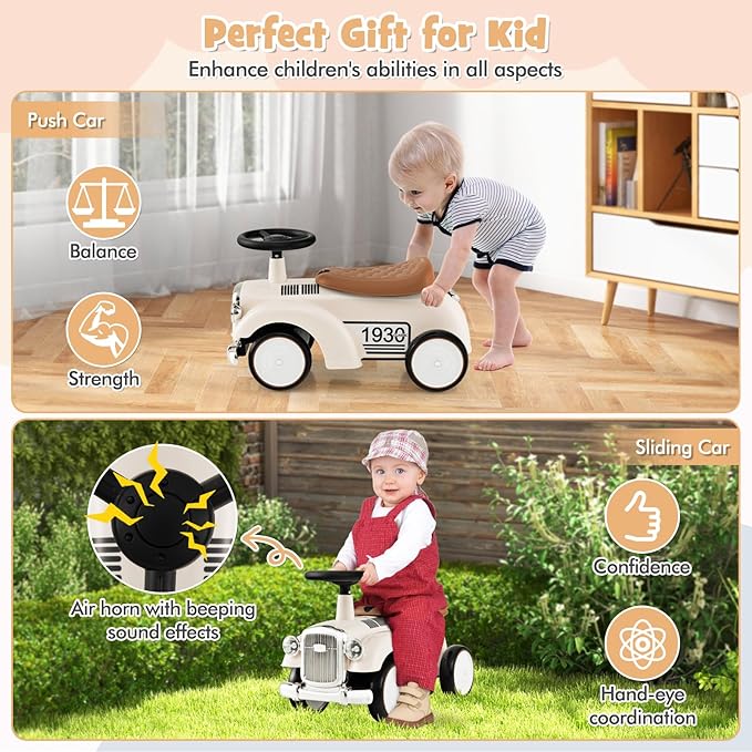 HONEY JOY Ride On Push Car, Outdoor Toddler Riding Toys w/Steering Wheel, Horn & Storage, Foot-to-Floor Sliding Car, No Batteries, Retro Baby Ride On Toys for Boys and Girls (White)-BubblyBeeBaby