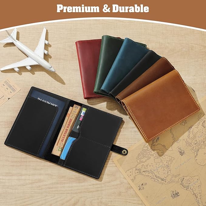 Jack&Chris Genuine Leather Passport Holder for Travel, RFID Blocking Handmade Passport Holder with Card Case Organized & Safe, Quality Travel Essentials for Women and Men for Gifting, Black-BubblyBeeBaby