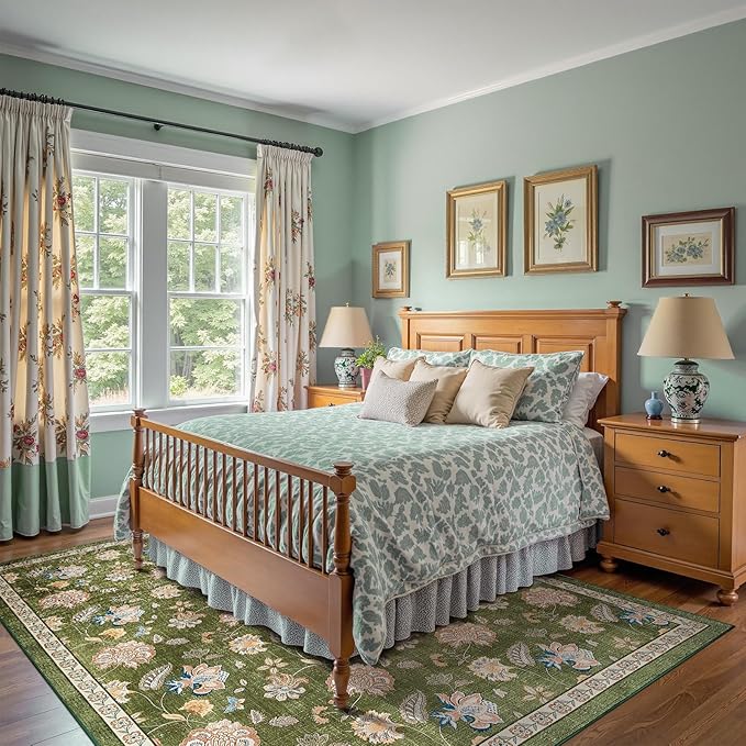 jinchan 8x10 Floral Rug for Living Room Washable Bedroom Rug Vintage Romance Design Non Slip Thin Indoor Floor Cover Large Low-Profile Throw Carpet for Dining Room Office, Green-BubblyBeeBaby