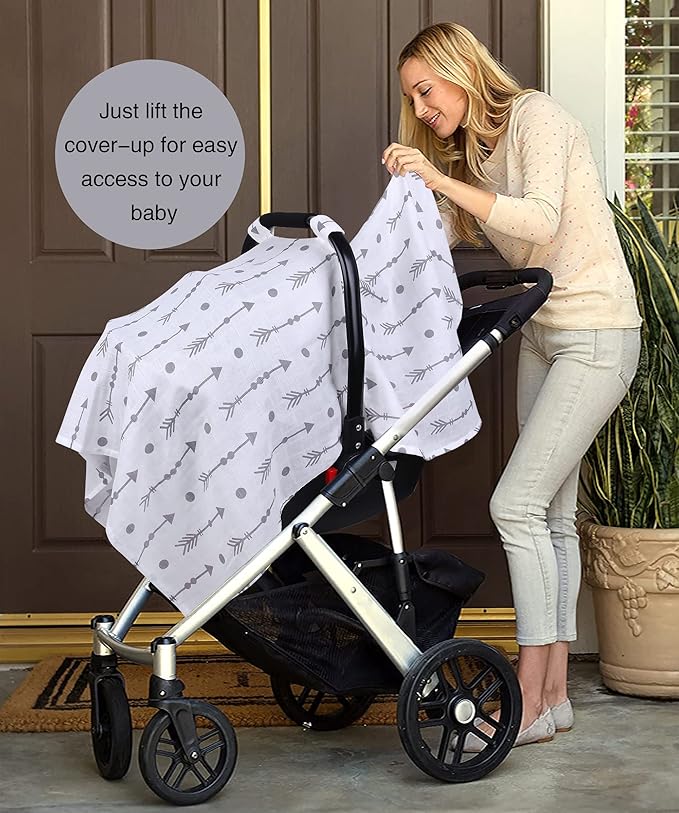 Rquite Car Seat Covers for Babies, 100% Muslin Carseat Cover Boys Girls, Lightweight Infant Car Seat Canopy, Soft Breathable Baby Carrier Cover, Summer Stroller Cover (Grey Arrow)-BubblyBeeBaby