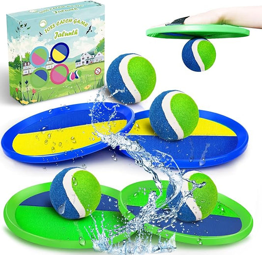 Jalunth Ball Catch Set Game Toss Paddle - Beach Toys Back Yard Outdoor Games Pool Backyard Target Throw Sticky Set Age 3 4 5 6 7 8 9 10 11 12 Years Old Boys Girls Kids Easter Gifts Green Blue 2 Pack-BubblyBeeBaby