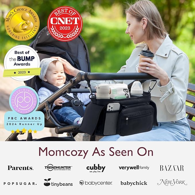 Momcozy Universal Stroller Organizer with Insulated Cup Holder Detachable Phone Bag & Shoulder Strap, Fits for Stroller like Uppababy, Baby Jogger, Britax, BOB, Umbrella and Pet Stroller-BubblyBeeBaby