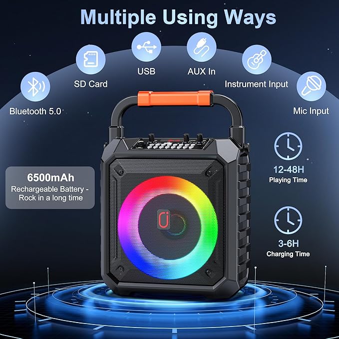 JYX Karaoke Machine with Two Wireless Microphones, Portable Speaker with LED Lights for Kids and Adults, Supports Bluetooth/USB/TF/AUX for Party-BubblyBeeBaby