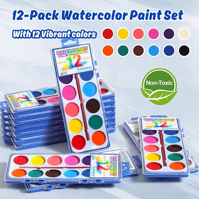 24 Packs Watercolor Paint Set Bulk, 12 Vibrant Colors Washable Watercolors with Brushes for Kids, Art Activities Painting Supplies for School Classroom Home-BubblyBeeBaby