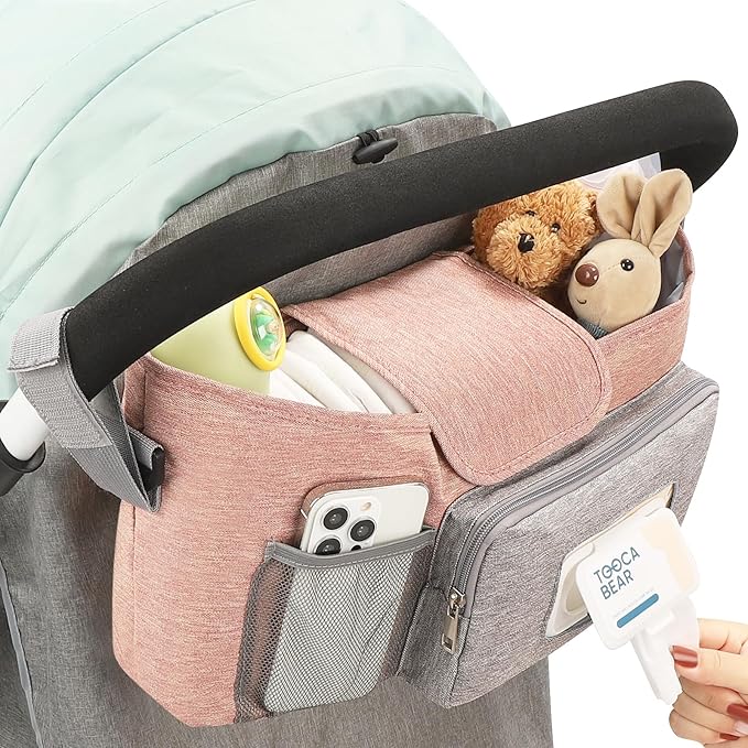Accmor Universal Stroller Organizer with Insulated Cup Holder, Stroller Caddy Bag Accessories, Stroller Cup Holder Organizer for Uppababy Baby Jogger Britax Stroller, Pink-BubblyBeeBaby