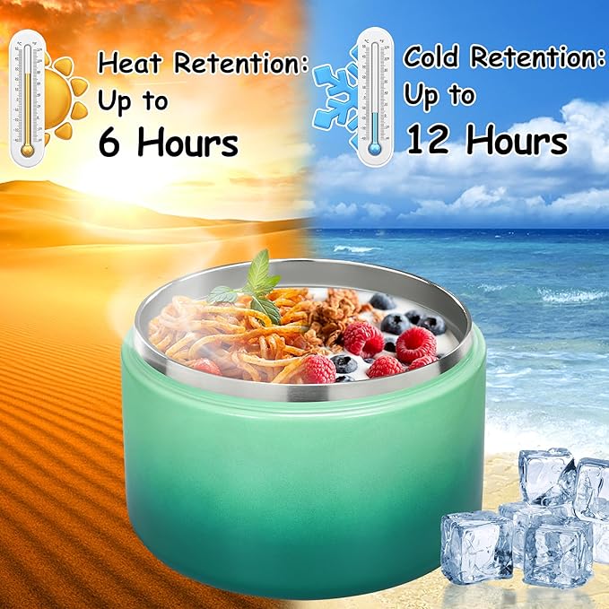 12oz Insulated Vacuum Food Jar with Buckle Lid Wide Mouth Soup Thermo for Hot Food Kids Leakproof Stainless Steel Lunch Container (Gradient Green, 12OZ)-BubblyBeeBaby