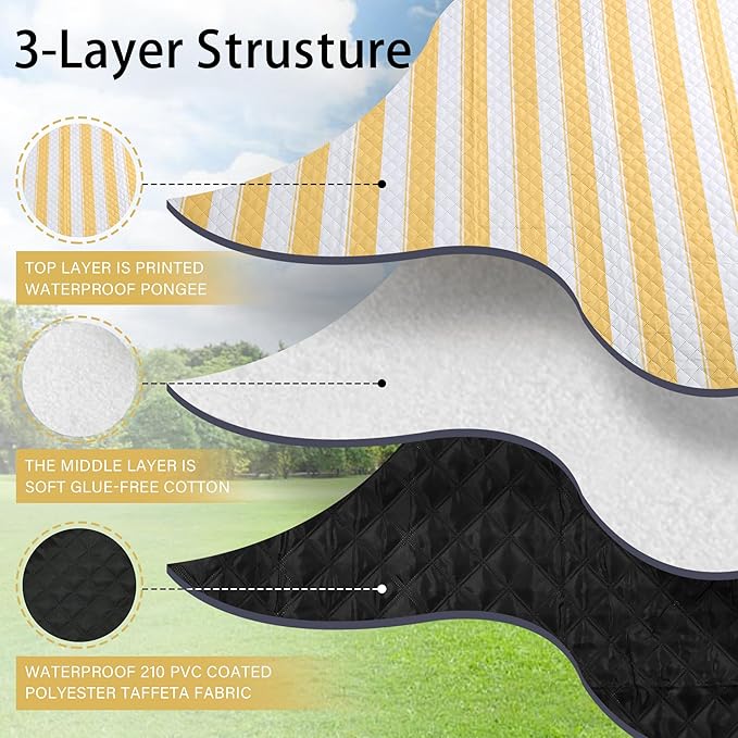 HX&OD Outdoor Picnic Blanket Extra Large, 80''*60'' Waterproof Picnic Mat with Stakes Foldable Camping Blanket Portable with Carry Strap for Beach Mat (Green& White, 80''*60'')-BubblyBeeBaby