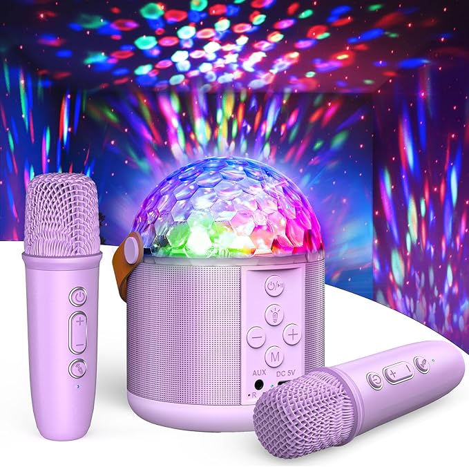 Karaoke Machine with Disco LED Lights for Adults Kids, Portable Bluetooth Speaker with 2 Wireless Microphone, Gifts Toys for 3-12+ Kids Birthday Family Home Party-BubblyBeeBaby