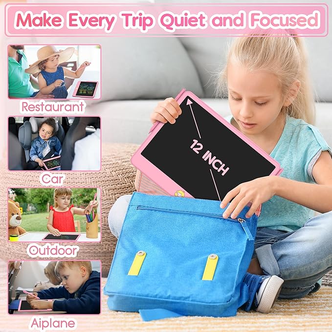 Hockvill LCD Writing Tablet for Kids 12 Inch, Toys for Boys Girls Drawing Pad for 3 4 5 6 7 Year Old Kids Toys, Toddler Erasable Doodle Board Travel Essentials, Children’s Day Gift for Kids - Pink-BubblyBeeBaby