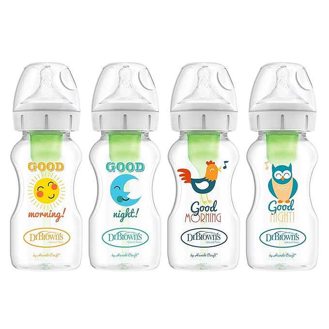 Dr. Brown's Natural Flow Anti-Colic Options+ Wide-Neck Baby Bottles, 9 oz/270 mL, with Level 1 Slow Flow Nipple, 4 Pack Good Morning/Good Night Gift Set-BubblyBeeBaby