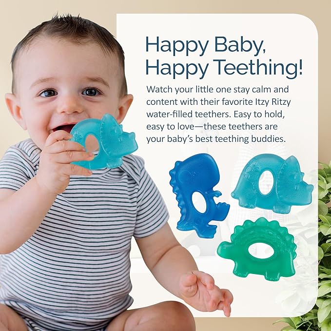Itzy Ritzy Water-Filled Teethers - Cold Cutie Coolers Textured On Both Sides to Massage Sore Gums & Emerging Teeth - Can Be Chilled in Refrigerator, Set of 3 Coordinating Dinosaur Water Teethers-BubblyBeeBaby