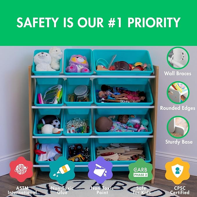 Humble Crew Kids Toy Storage Organizer with 12 Plastic Bins, Natural Wood/Aqua – Removable Bins for Playroom, Bedroom, Toddler Furniture for Boys and Girls Ages-BubblyBeeBaby
