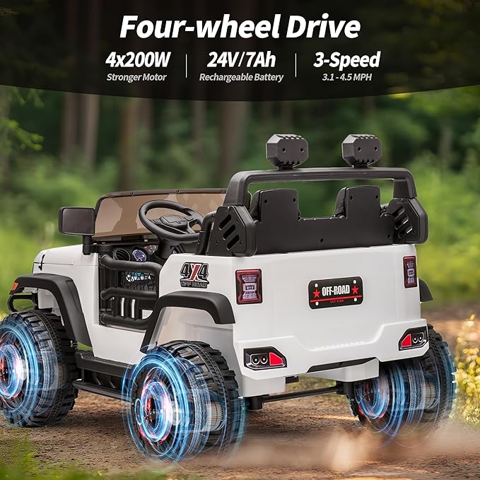 2 Seater Ride on Toy Car for Kids, 24V 4x4 Ride-on Truck Kids Electric Car w/Remote Control, 4x200W Motors - White-BubblyBeeBaby