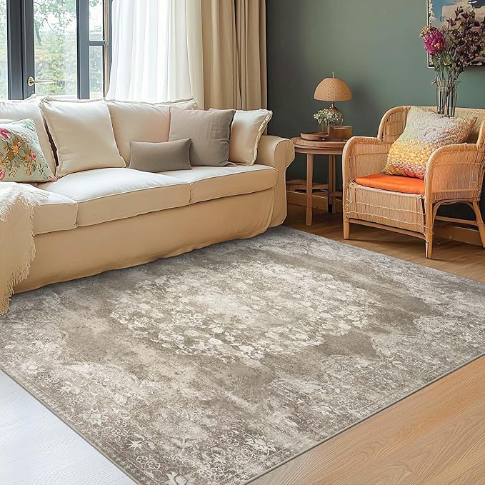 jinchan Vintage Floral 4x6 Area Rugs - Machine Washable Distressed Design Soft Ultra-Thin Low-Pile Non-Slip Carpet for Entryway Kitchen Bedroom Nursery Living Room Dining Room (4x6ft,Brown)-BubblyBeeBaby