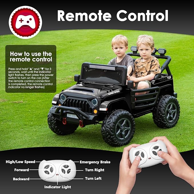 24V 2 Seater Ride On Truck with Remote Control 4WD Electric Car for Kids Ride On Car Battery Powered Ride On Toy Car with Music Player, LED Lights, Bluetooth, Rear Shock Absorber, Black-BubblyBeeBaby