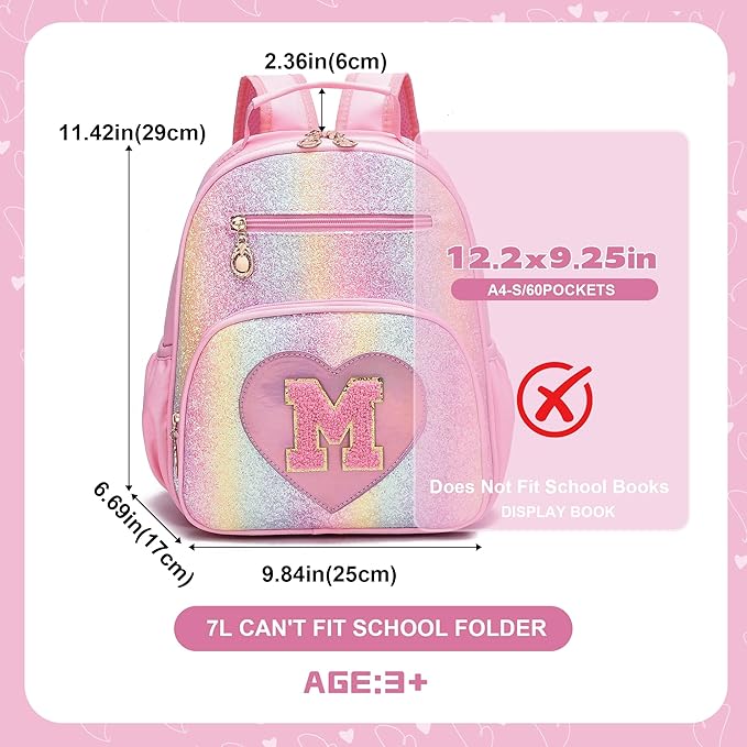 I IHAYNER Kids Glitter Lightweight Backpack for School Travel & Daycare, Toddler Backpack for Girls 3+ Preschool Kindergarten Elementary Kids Backpack-Rainbow Pink M-BubblyBeeBaby