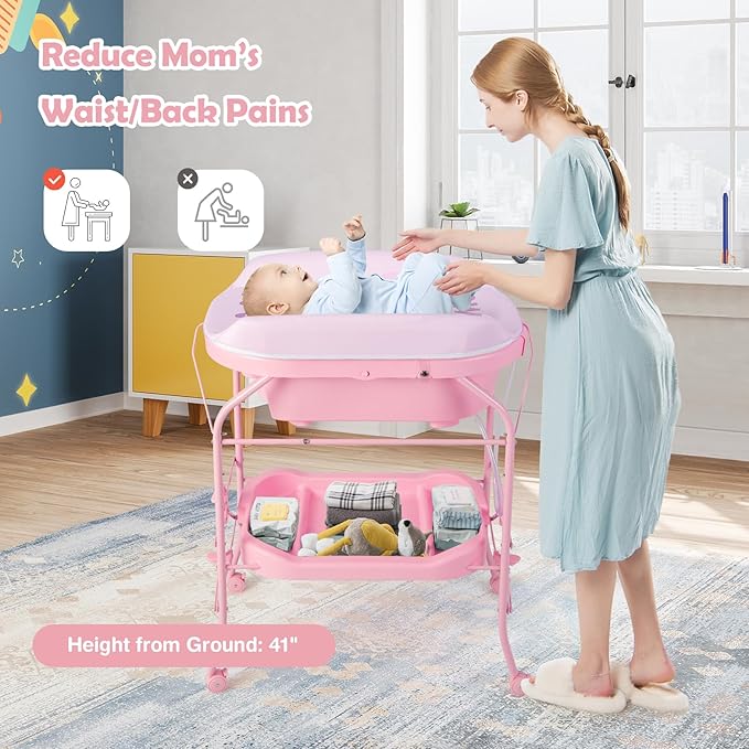 HONEY JOY Baby Changing Table with Bathtub, Foldable Infant Diaper Changing Station with Wheels, Storage Tray, Waterproof Pad, Portable Newborn Nursery Organizer Bath Stand for Boys Girls (Pink)-BubblyBeeBaby