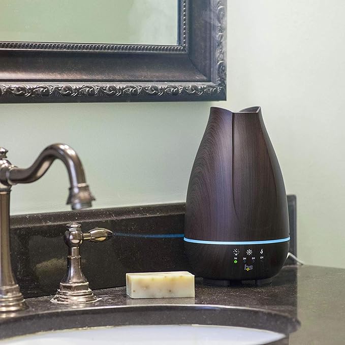 HealthSmart Essential Oil Diffuser, Cool Mist Humidifier and Aromatherapy Diffuser with 500ML Tank Ideal for Large Rooms, Adjustable Timer, Mist Mode and 7 LED Light Colors, Brown-BubblyBeeBaby