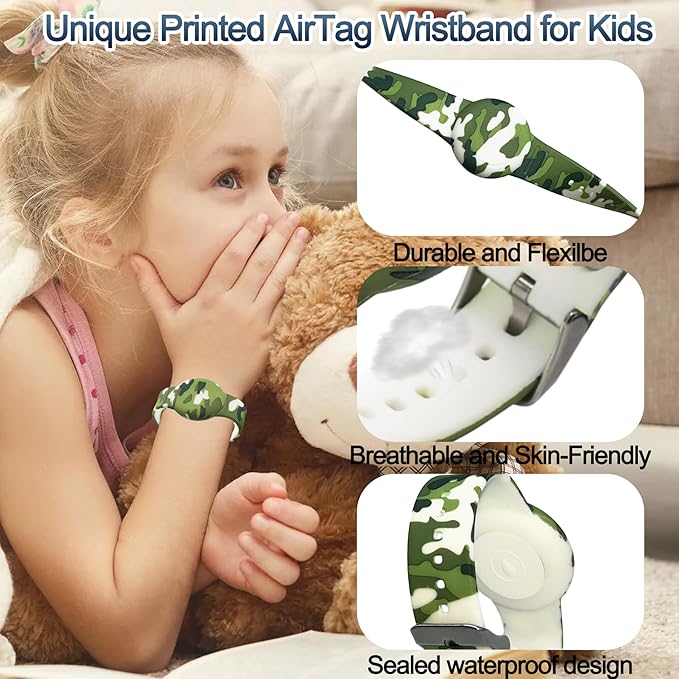 2 Pack Waterproof AirTag Bracelet for Kids, Hidden Printed Wristband for Apple Air Tag, Silicone AirTag Holder GPS Tracker Case for Band for Child Toddler, Secure Anti-Lost Protection(Camouflage)-BubblyBeeBaby