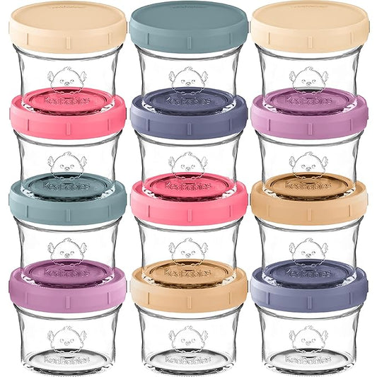 KeaBabies 12pk 4oz Glass Baby Food Containers with Lids - Leak-Proof, Microwavable Small Glass Jars, Baby Purees & Toddler Snack Storage Containers, BPA-Free, Dishwasher & Freezer Safe (Sunset)-BubblyBeeBaby