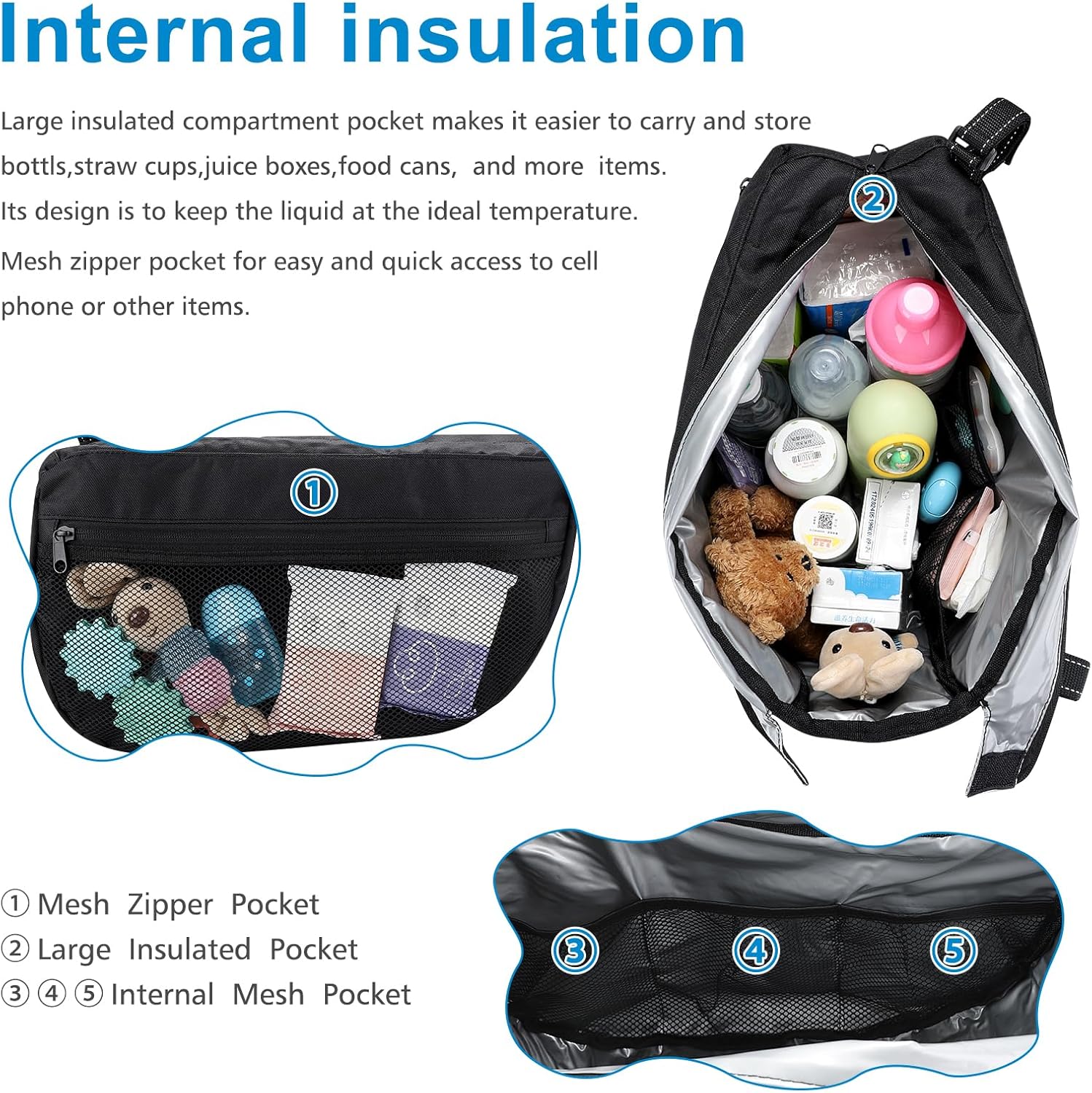 Accmor Insulated Side Sling Stroller Saddle Bag Organizer, Universal Stroller Organizer, Stroller Bag Caddy Organizer, Black