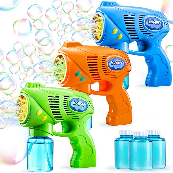 JOYIN 3 Bubble Guns Kit with 3 Solutions for Kids, Bubble Blaster for Summer Toy, Party Favors, Birthday, Outdoor & Indoor Activity, Birthday Gift-BubblyBeeBaby