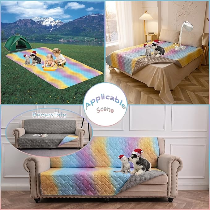 100% Waterproof Dog Bed Cover 102x82 inch Reversible Changing Pad Reusable Camping Mat for Kids/Pet/Dog/Cat Washable Geometric Embroidery Blanket Patchwork Rainbow Ombre Printed+Gray-BubblyBeeBaby