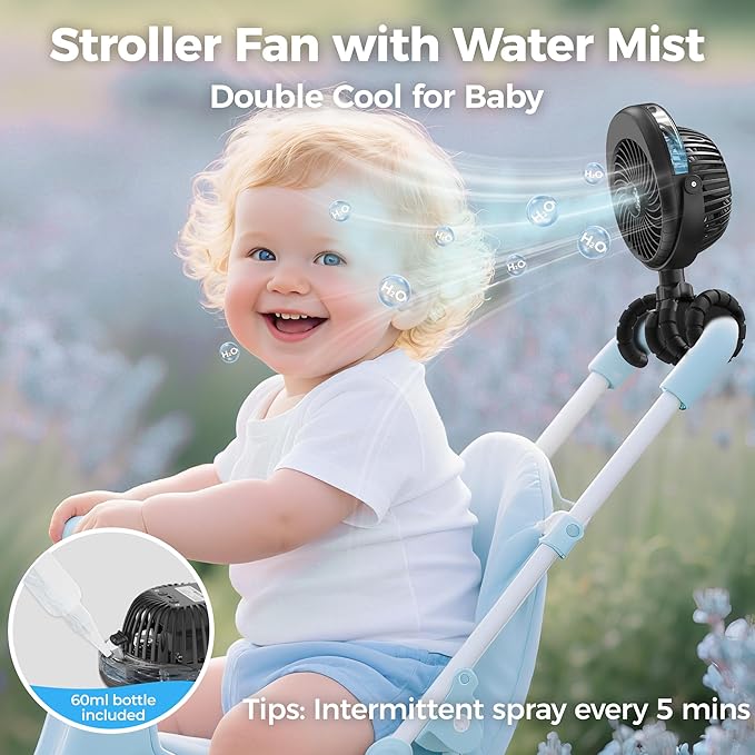 2025 Upgarded 4000mAh Misting Baby Stroller Fan, Rechargeable Battery Operated,Max 15Hrs Cooling,50ml Portable Water Sprayer Misting Fan with Flexible Tripod Clip on Car Seat Crib Treadmill Bunk Bed-BubblyBeeBaby