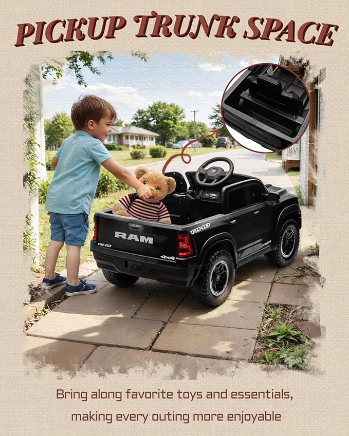 12V Licensed Ram 1500 Ride on Toy for Kids, Toddler Ride on Pickup Truck with Parent Remote Control, Electric Car for Kids with Truck Bed Storage, 3 Point Safety Belt (Black)-BubblyBeeBaby