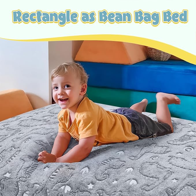 Kids Bean Bag Chair Turn into Beanbag Bed, Dinosaur Toddler Bean Chair for Girl Boy Sleeping, Lazy Children Bean Bags with Filler, Convertible Child Floor Mattress, Grey Dino-BubblyBeeBaby