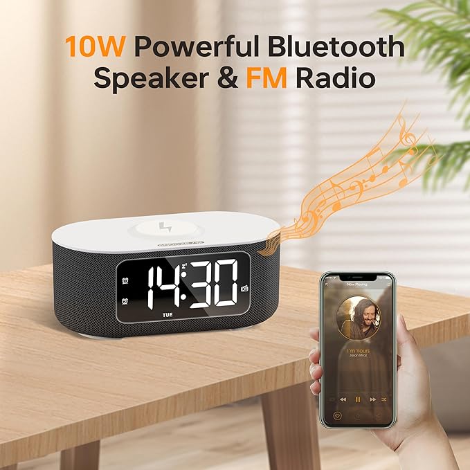 JALL Fabric Alarm Clock for Bedroom, with Big Led Screen Display, Bluetooth Stereo Sound Speaker, FM Radio, Fast Wireless Charging, USB Charging Port, Nightlight, White Noise, Ideal for Gift, Black-BubblyBeeBaby