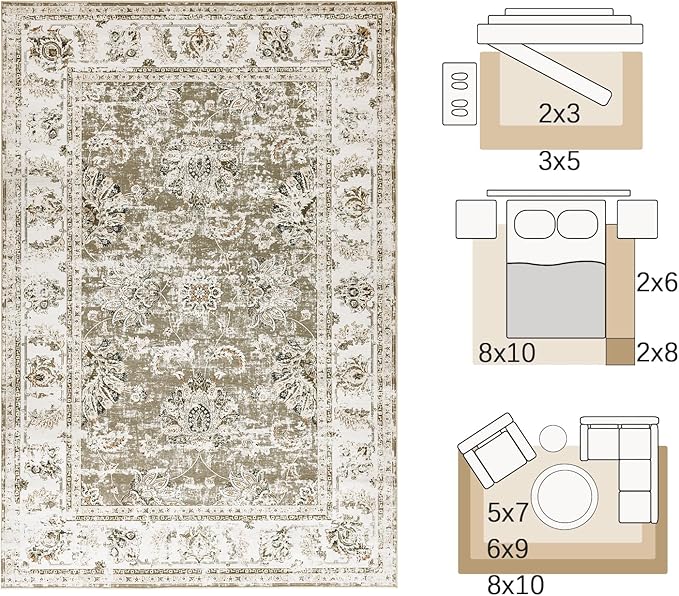 jinchan 9x12 Area Rugs for Living Room - Machine Washable Vintage Floral Distressed Design Stain Resistant Carpet Low Pile Non-Slip Large Rug for Bedroom Dining Room Home Office (9‘x12',Taupe)-BubblyBeeBaby